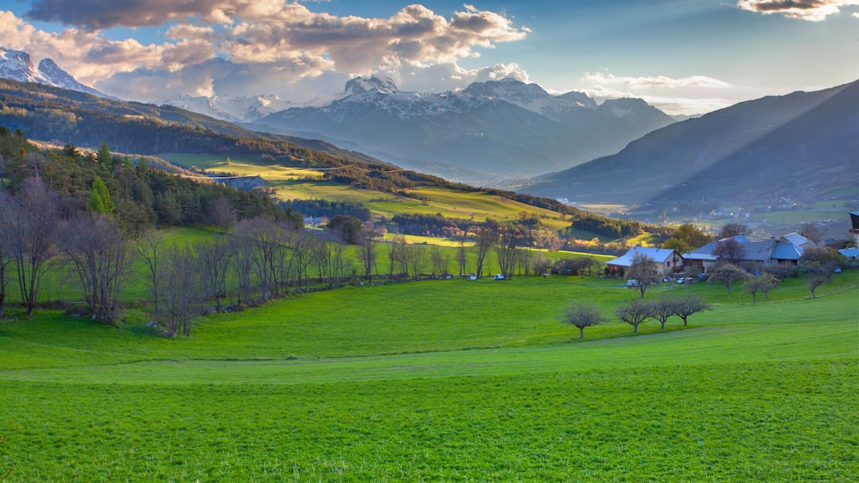 A green valley with mountains in the background and houses on the right.