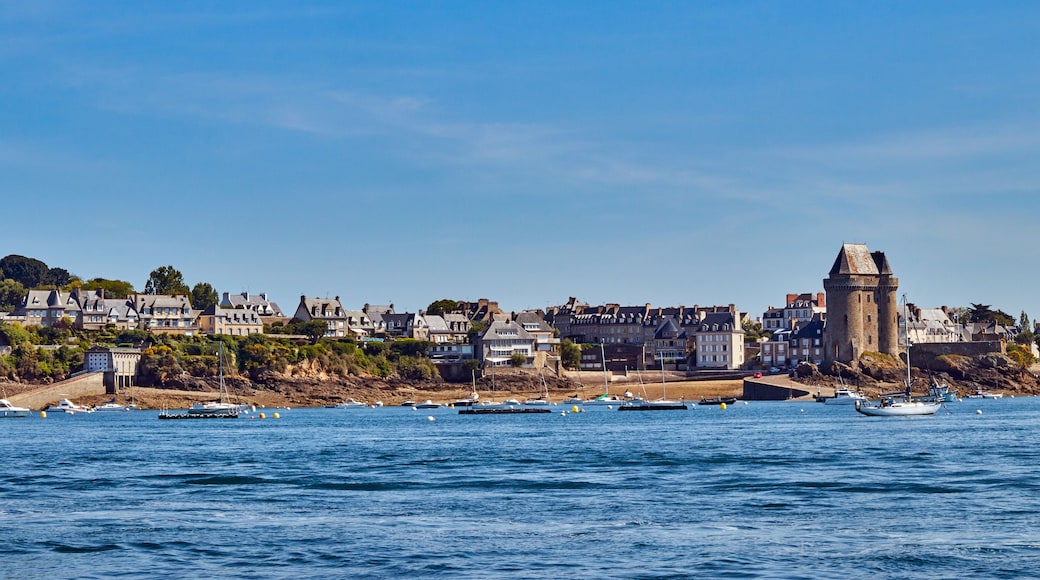 Image of the Plage Saint Pere taken from the sea on a sunny day with the tower and old life boat station.; Shutterstock ID 1436002688; Purchase Order: -