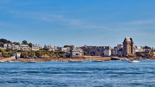 Image of the Plage Saint Pere taken from the sea on a sunny day with the tower and old life boat station.; Shutterstock ID 1436002688; Purchase Order: -