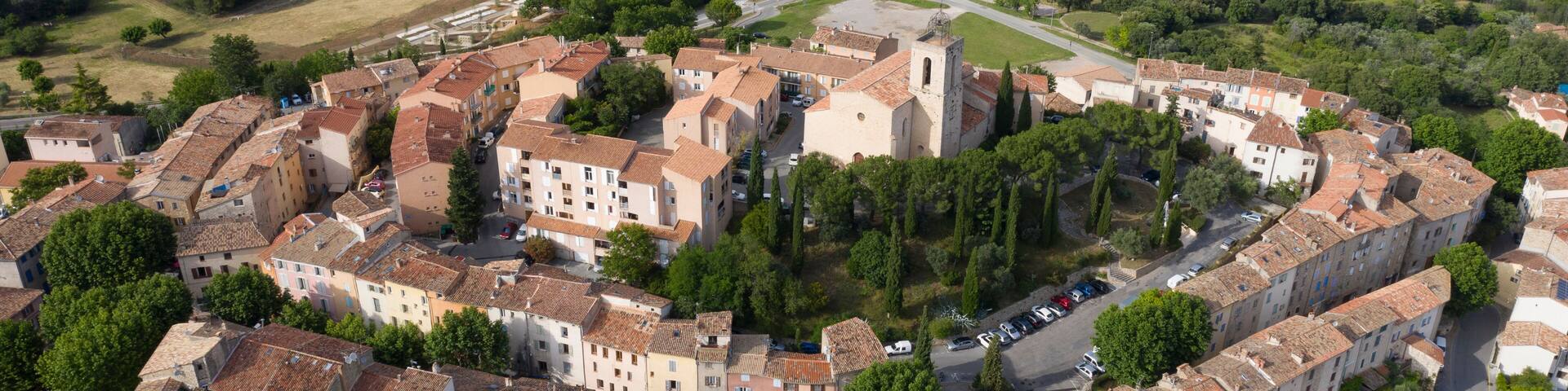 France, Var department, Flayosc, Aerial view of Flayosc, a typical french village in Provence