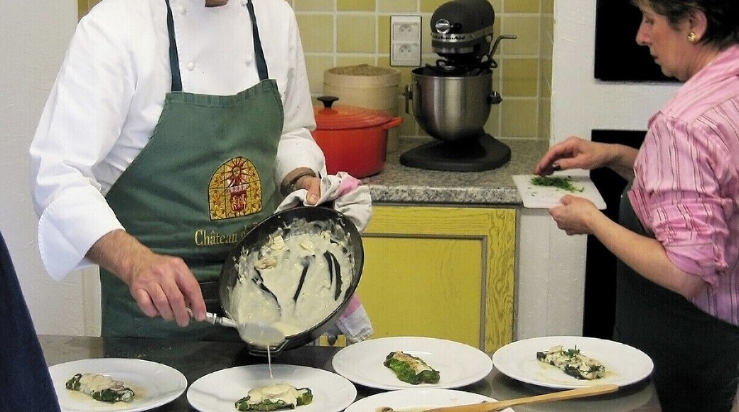 The cooking classes offered at the Chateau are a wonderful way to experience French cooking in the intimate company of a master chef (pictured here is Jean-Louis Vosgien). Each day you and few other guests help prepare a multi-course meal using fresh local ingredients (we even went to market one day to shop). After a few hours of instruction, prepping, cooking, and plating the meal comes together as lunch for the entire class right there in the kitchen.
For us, the highlight of the two-day class was the asparagus risotto. We watched while Jean-Louis methodically reduced a two-pound pile of butter to a smear of grease as he mixed it into the rice. The result was the richest, creamiest risotto we've ever tried.