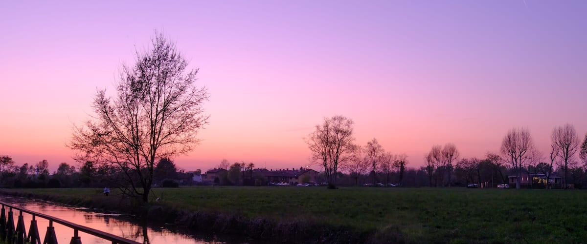 A river with a metal railing, trees, and buildings in the background during sunset.