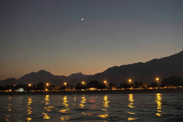 SPLENDID WATER, GARDENS, MOUNTAINS, MOON, SKY, EVENING.