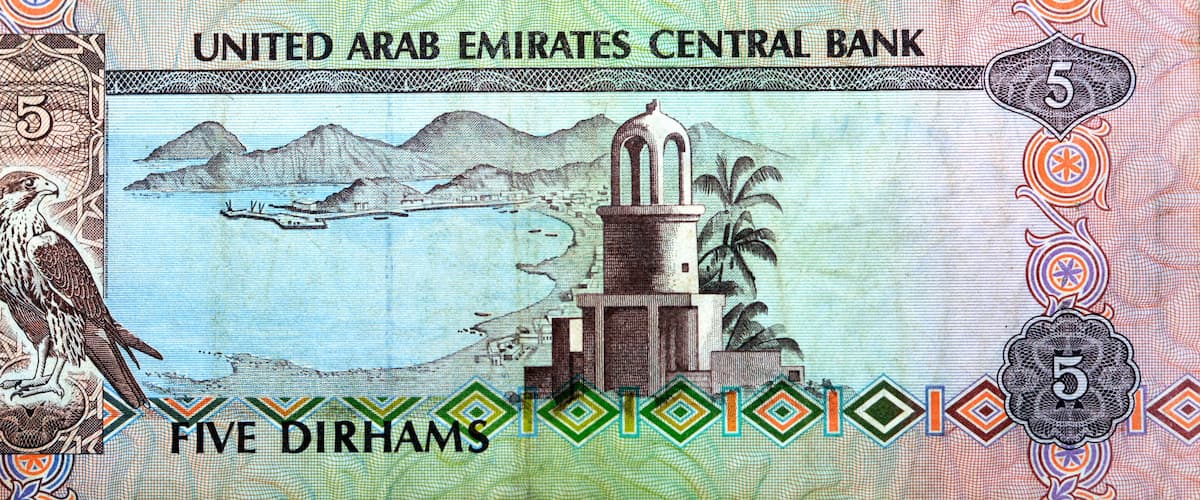 A banknote with a bird, a mosque, and a coastal scene.