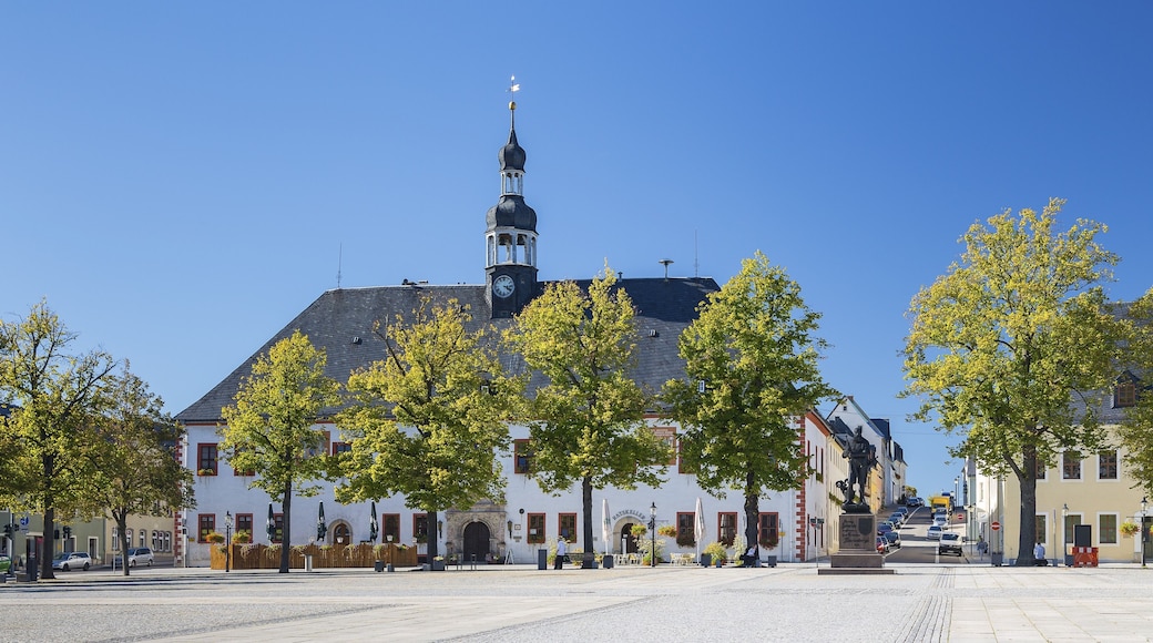 Market place with Duke Heinrich monument and town hall in Marienberg, Ore Mountains, Saxony, Germany, Europe