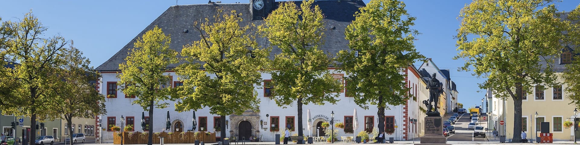 Market place with Duke Heinrich monument and town hall in Marienberg, Ore Mountains, Saxony, Germany, Europe