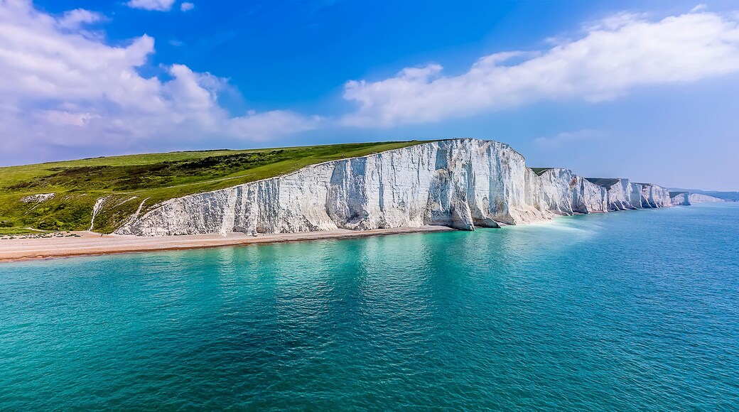 An aerial towards the Seven Sisters Chalk cliffs, UK in early summer