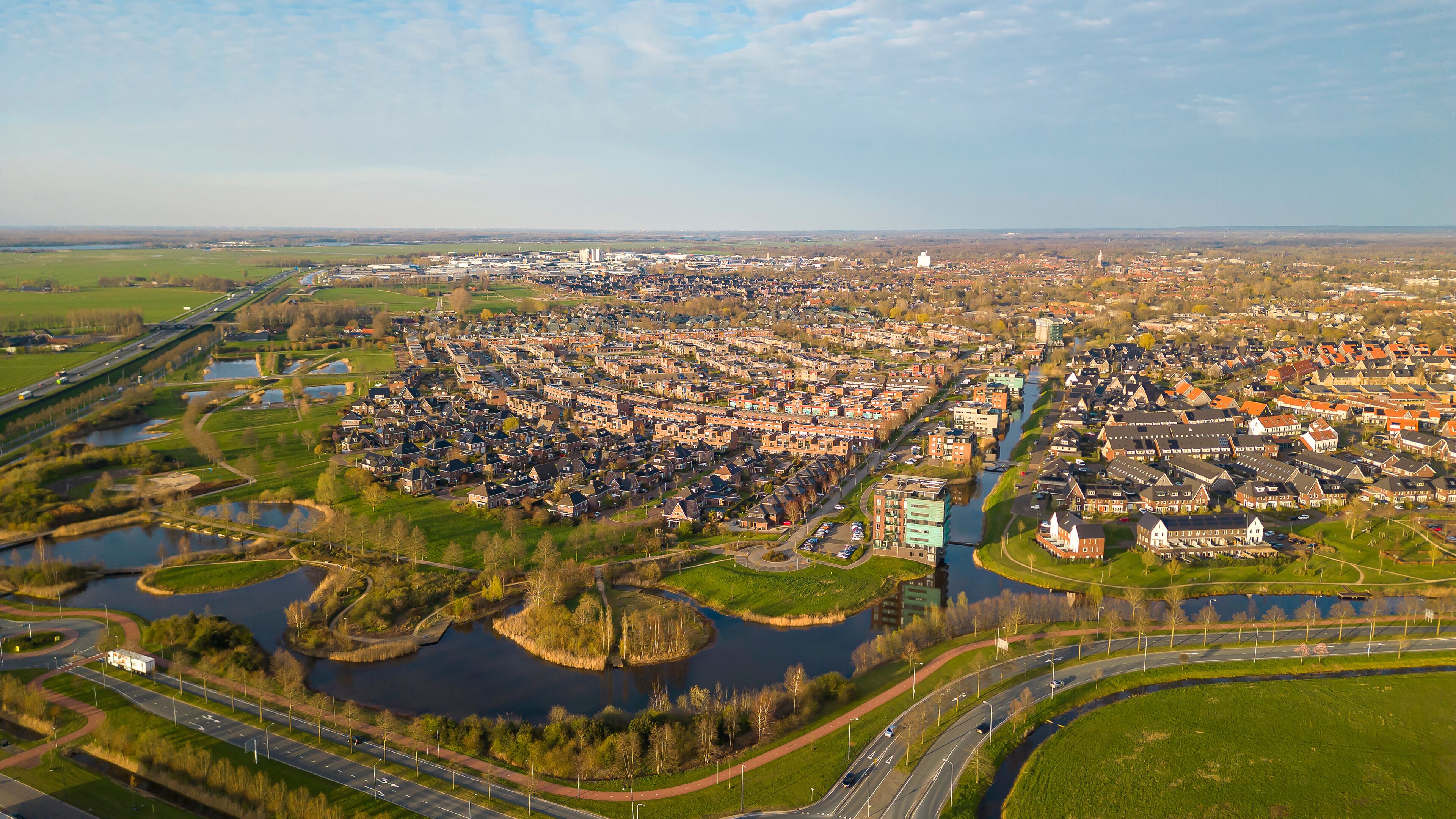 Aerial drone view of the city of Nijkerk, the Netherlands during sunset

