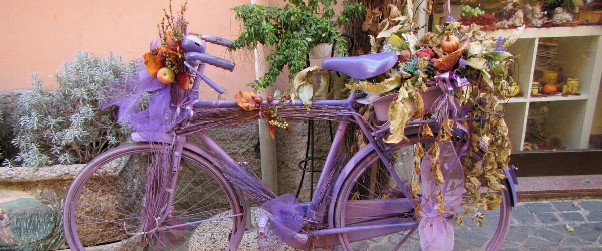 A purple bicycle decorated with autumn leaves and flowers, parked on a cobblestone street.