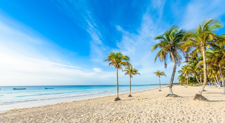 Paradise Beach also called Playa Paraiso at Tulum - sunrise at beautiful and tropical caribbean coast of Tulum in Quintana Roo, Riviera Maya, Mexico