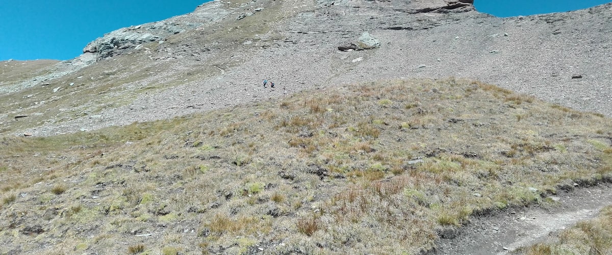 A rocky mountain slope with sparse grass and a clear blue sky.
