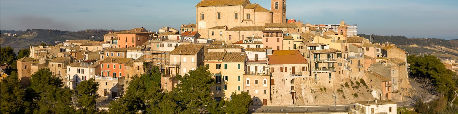 Italy, February 2023: aerial view from the drone of the medieval village of Monteprandono in the province of Ascoli Piceno in the Marche region