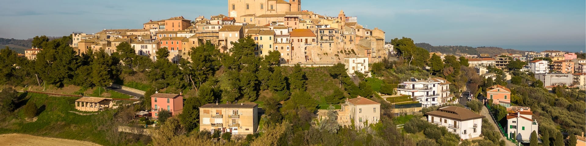 Italy, February 2023: aerial view from the drone of the medieval village of Monteprandono in the province of Ascoli Piceno in the Marche region