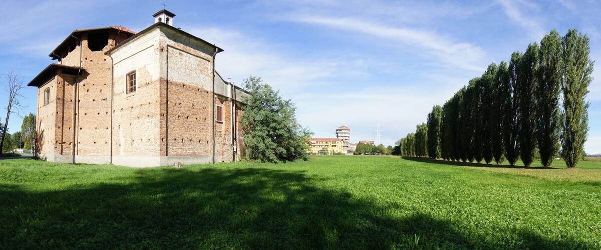 A historic brick building with a bell tower, a grassy field, and a row of tall trees under a clear sky.