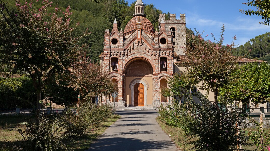 Pescaglia, Lucca, Tuscany, Italy: the catholic church of San Martino In Freddana in eclectic style with the ancient bell tower of romanesque architecture