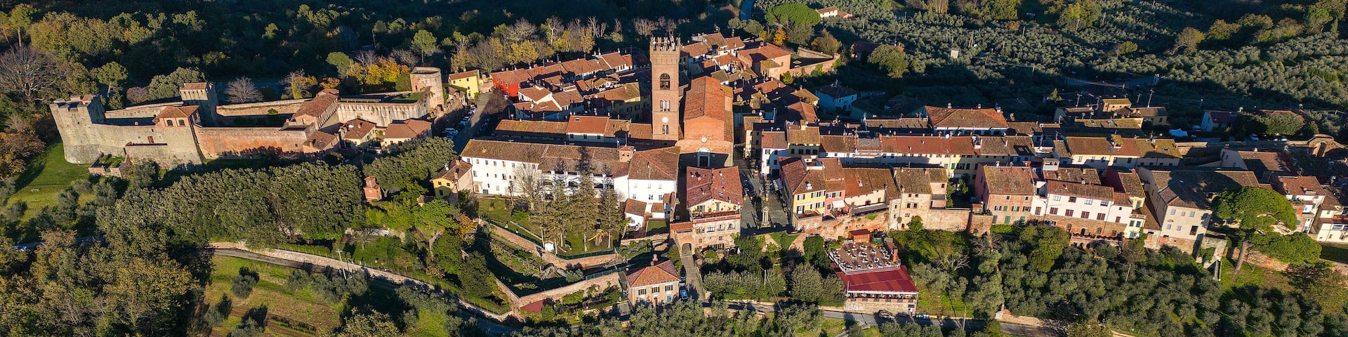 Panoramic aerial view with drone of the city of Montecarlo province of Lucca Tuscany Italy