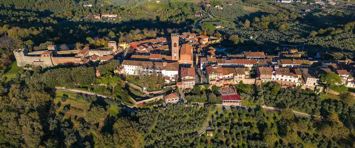 An aerial view of a historic town with a prominent church tower, surrounded by lush greenery and traditional architecture.