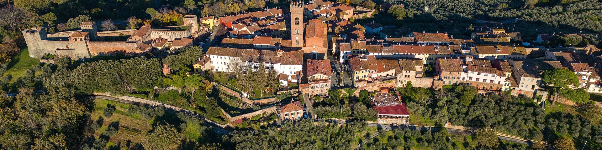 An aerial view of a historic town with a prominent church tower, surrounded by lush greenery and traditional architecture.