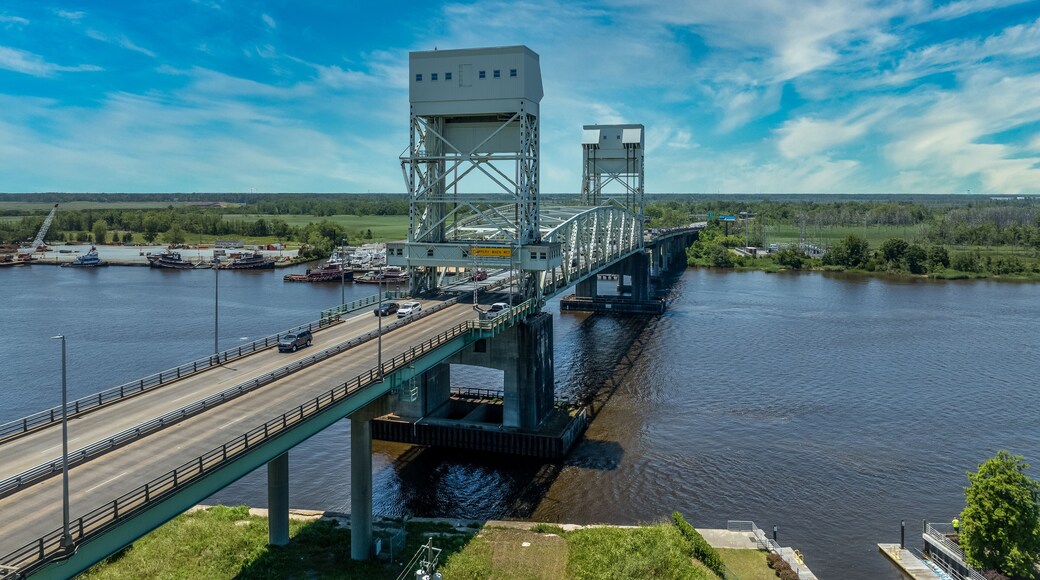 Cape Fear Memorial Bridge steel vertical-lift bridge in Wilmington North Carolina. Carries US17 highway between Brunswick and New Hanover County
