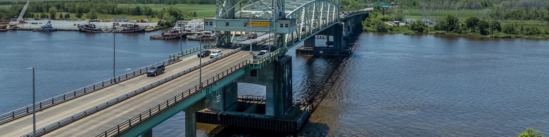 Cape Fear Memorial Bridge steel vertical-lift bridge in Wilmington North Carolina. Carries US17 highway between Brunswick and New Hanover County