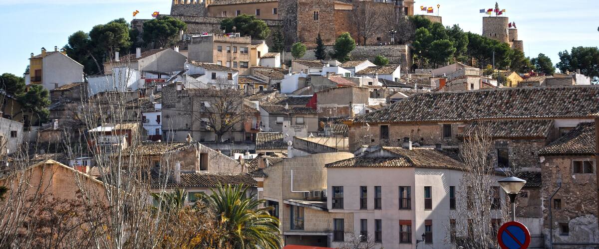 A historic town with a prominent castle on a hill, surrounded by traditional buildings and cobblestone streets.