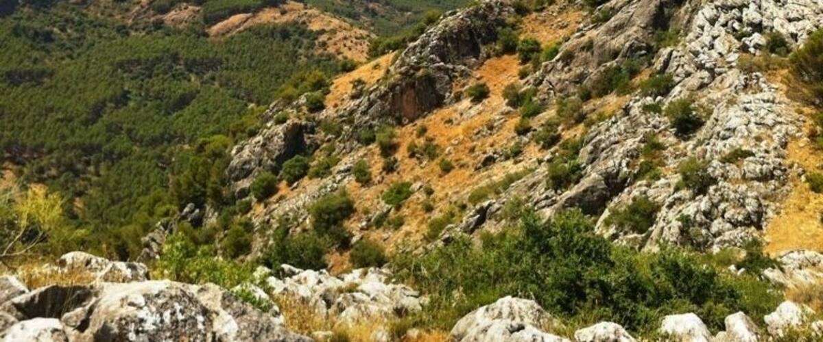 A mountainous landscape with rocky terrain and patches of greenery.