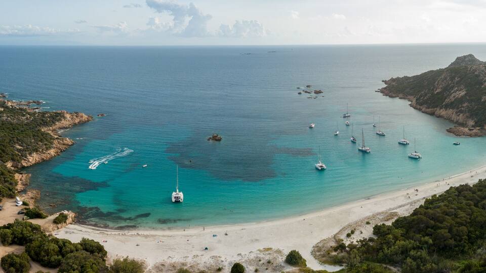 Aerial photo by drone of the roccapina beach in Sartène, the turquoise sea and the sleeping lion rock in Corsica