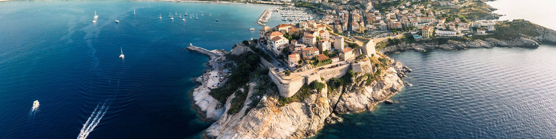 France, Haute-Corse, Calvi, Aerial view of town on shore of Corsica island