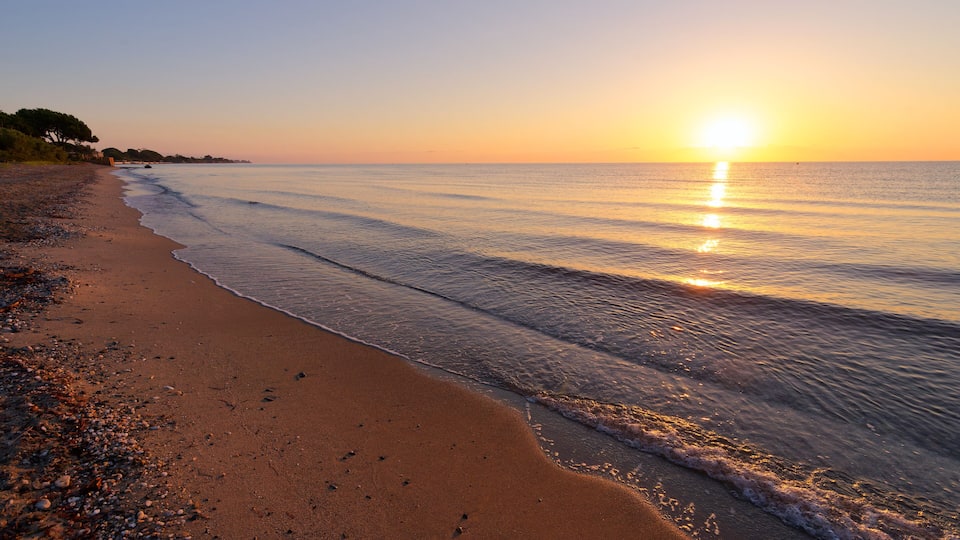 A beach at sunset with waves gently lapping the shore.
