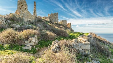 Ruinas antiguas de piedra en una ladera con cielo despejado.