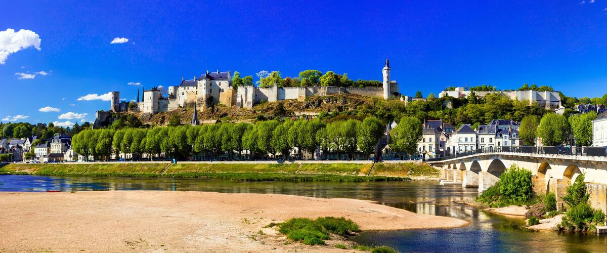 A riverside town with a castle, a bridge, and a river.