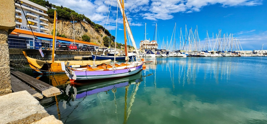 A marina with boats docked, a cliff with buildings, and a clear blue sky.