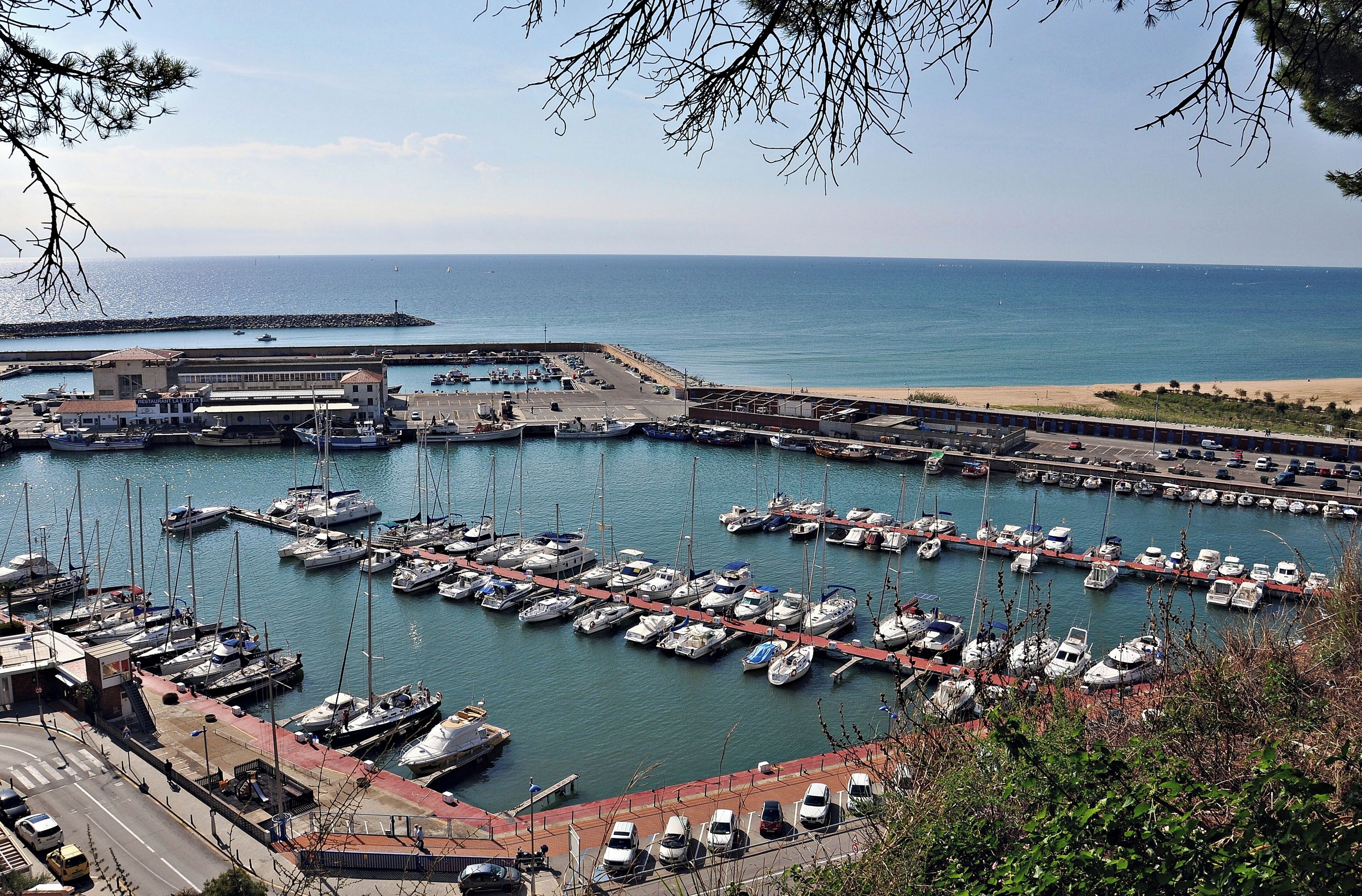 A marina with numerous boats docked, a sandy beach, and a clear blue sky.