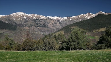 A mountain range with snow-capped peaks, a valley with sparse vegetation, and a clear blue sky.