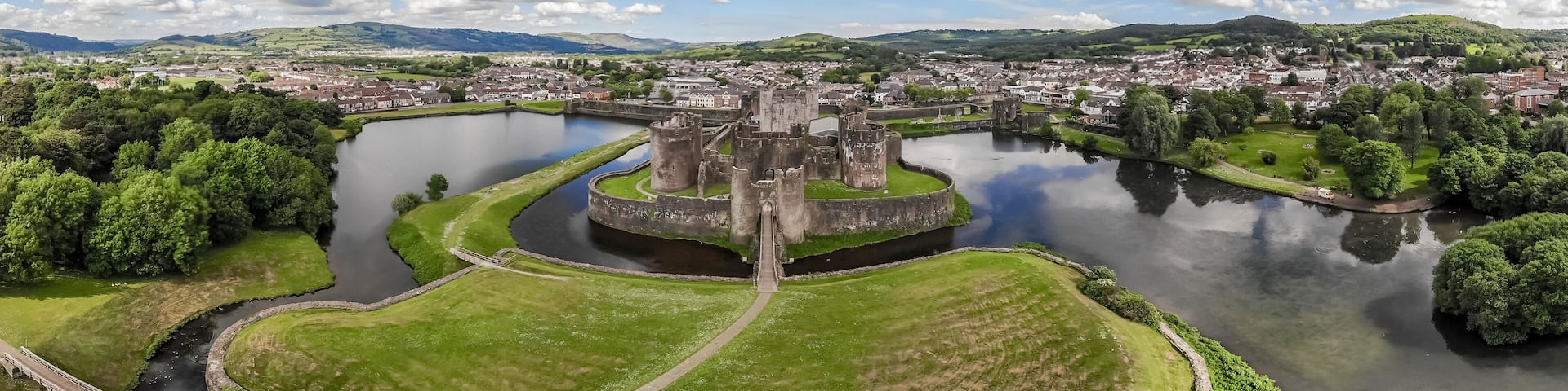 Aerial view of Caerphilly castle in summer, Wales