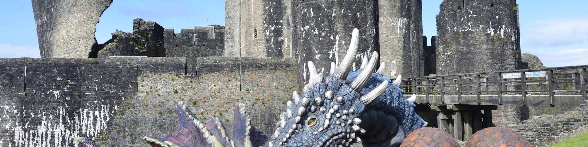 Dewi and Dwynwen Dragons at Caerphilly Castle. South wales. UK