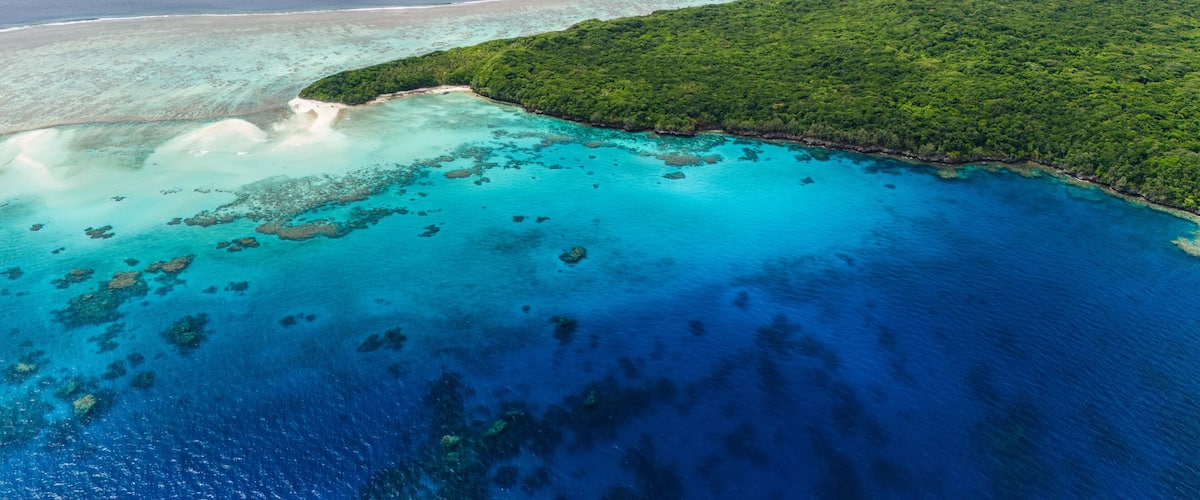 A tropical island with clear turquoise waters, a sandy beach, and dense green vegetation.