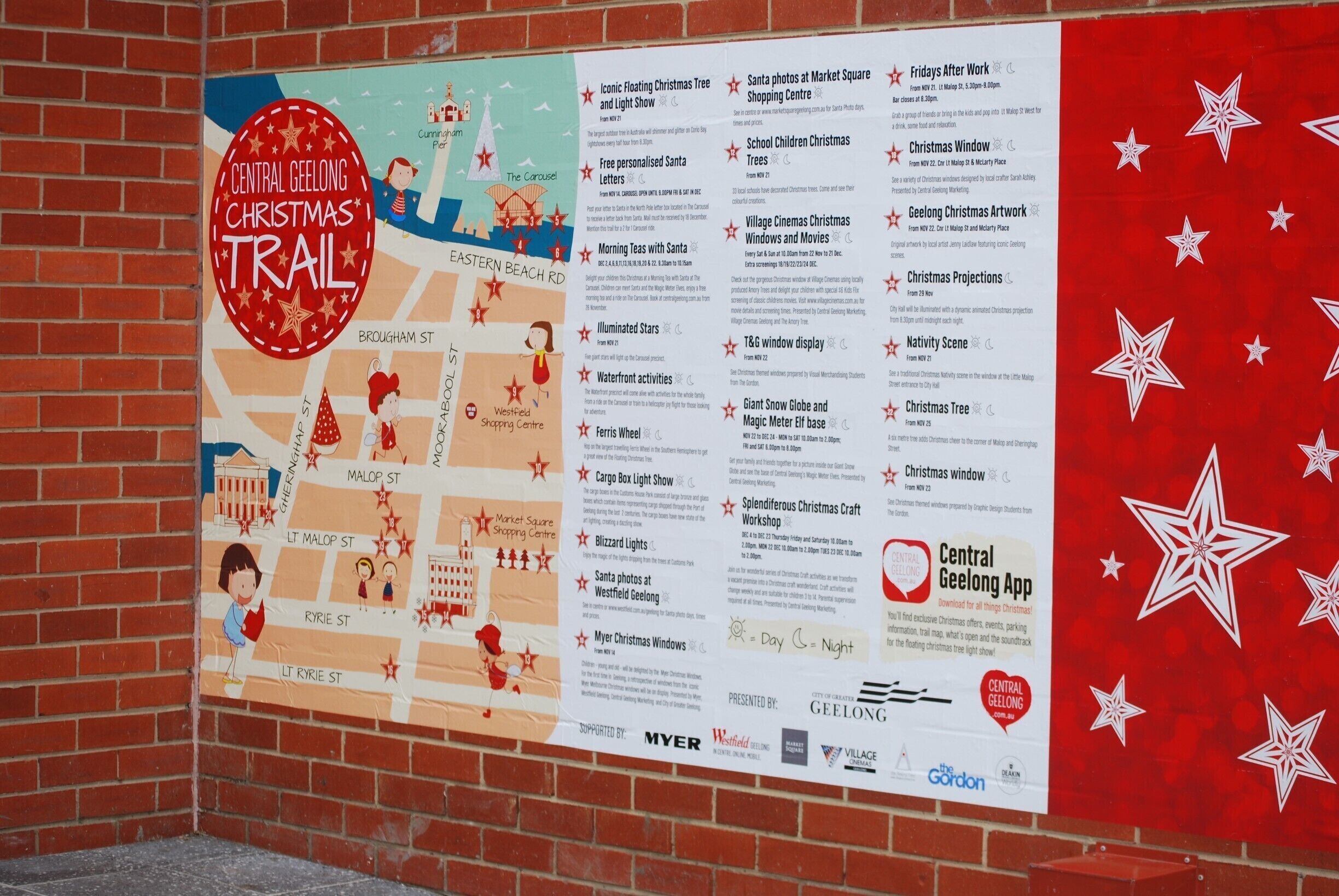 Geelong now has a 'Central Geelong Christmas Trail' which features lots of interesting things for families to do. You can view artwork, meet santa or pose inside a giant snowglobe.

The highlights are definitely the christmas gree, although the Christmas projections are becoming popular. #localgem