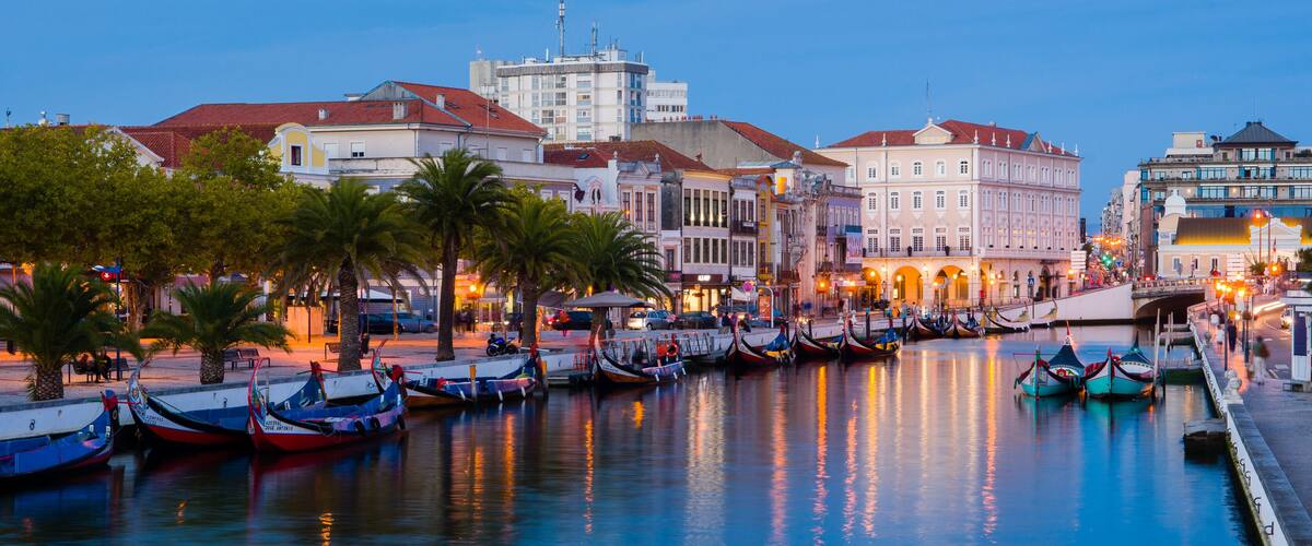 A canal lined with boats, palm trees, and historic buildings reflecting in the water.