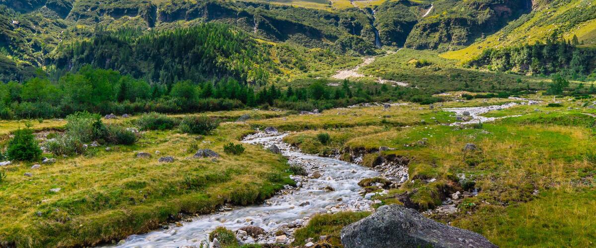 A mountain landscape with a river flowing through a valley, surrounded by lush greenery and snow-capped peaks.