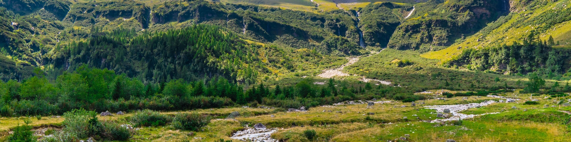 A mountain landscape with a river flowing through a valley, surrounded by lush greenery and snow-capped peaks.
