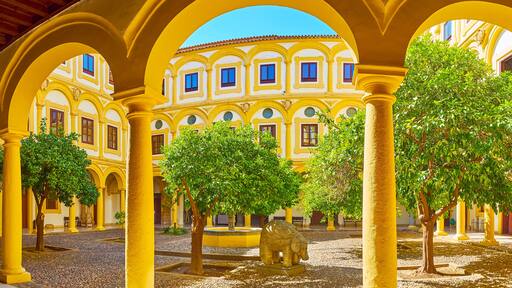 Panorama of the courtyard of Episcopal Palace with orange tree garden, Cordoba, Spain