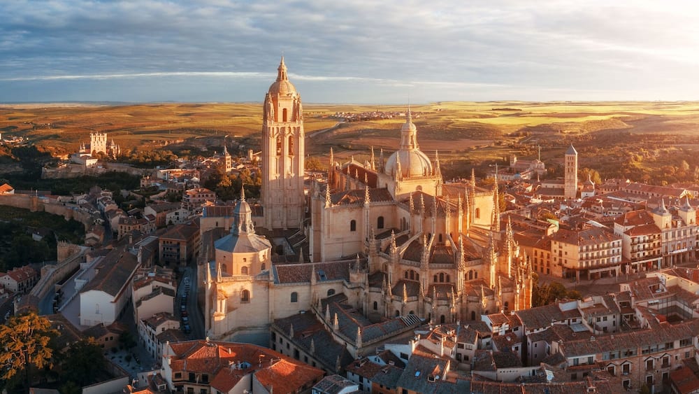 Segovia Cathedral aerial panorama view sunrise