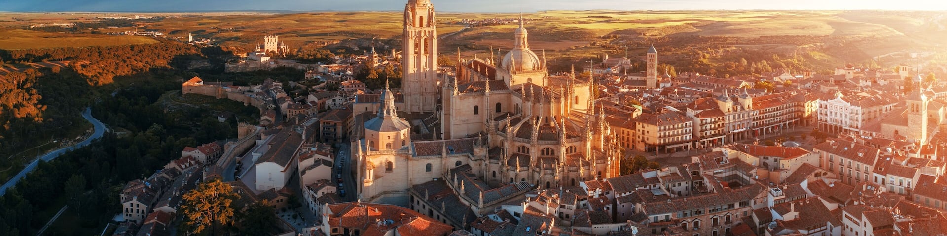 Segovia Cathedral aerial panorama view sunrise