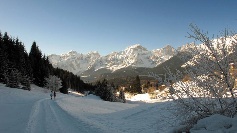 A snow-covered mountain path with two people walking, surrounded by evergreen trees and snow-capped peaks.