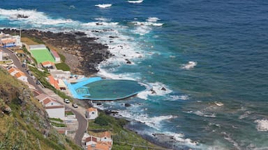 High angle view of the bay of Maia, Baia da Maia, with a huge swimming pool of natural atlantic ocean water.