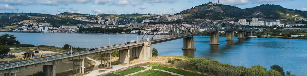 Aerial view of Vila Franca Xira, Lisbon, Portugal. Bridge Marechal Carmona on river Tagus. Drone photo.
