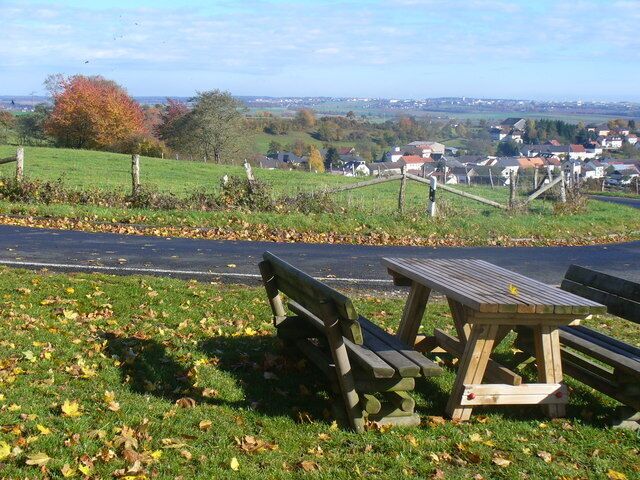 A picnic area with benches and a table, surrounded by grass and fallen leaves, overlooking a rural landscape with houses and a road.