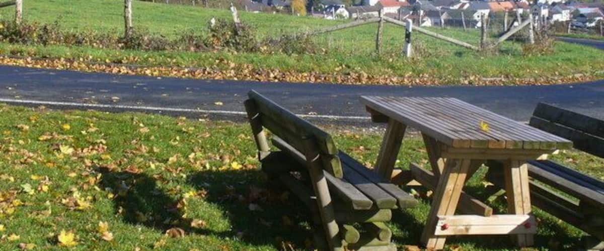 A picnic area with benches and a table, surrounded by grass and fallen leaves, overlooking a rural landscape with houses and a road.