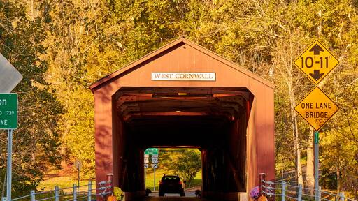 Covered bridge along scenic Route 7 in West Cornwall, Connecticut, USA